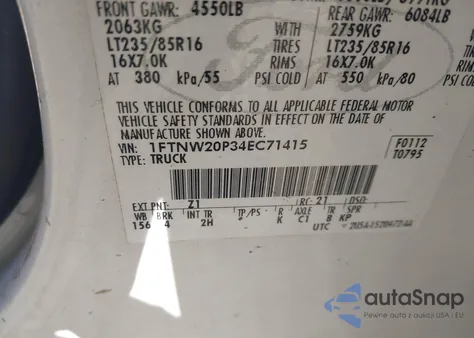 2004 Ford F-250 Lariat/Xl/Xlt z USA, uszkodzony, nr VIN 1FTNW20P34EC71415